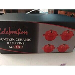 Set of 4 Ceramic Pumpkin Ramekins / Mini Cocottes with Lids Autumn Decor